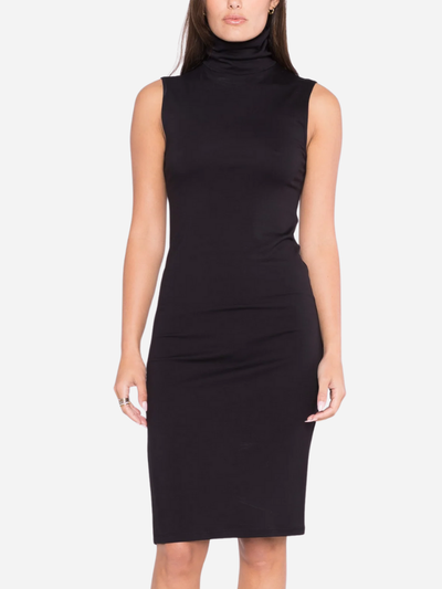 Black midi sleeveless dress with mock neck worn by a model on a white background