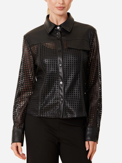 Black perforated leather top worn by a model on a white background