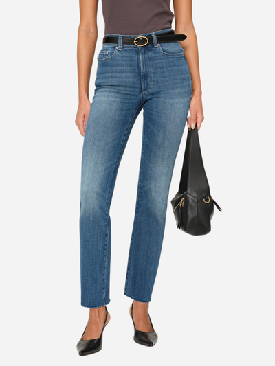 high rise blue jeans with straight legs