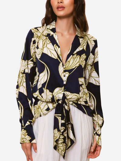 blue tropical blouse with tie front