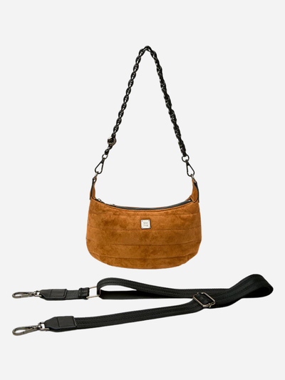 brown suede purse with two detachable strap options