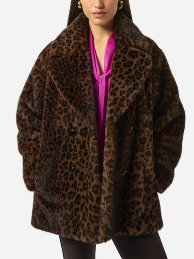 Leopard print coat worn by a model on a white background