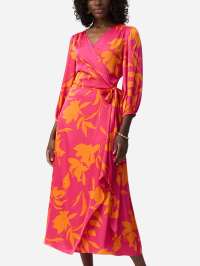 pink and orange floral wrap dress