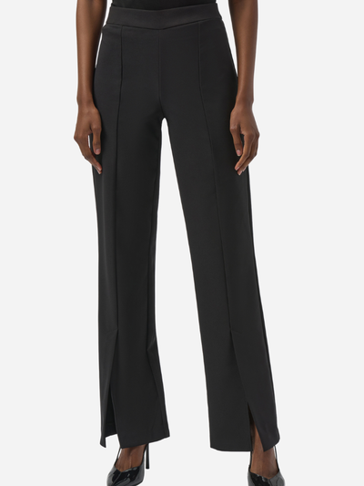 Black pants with a front slit on a white background