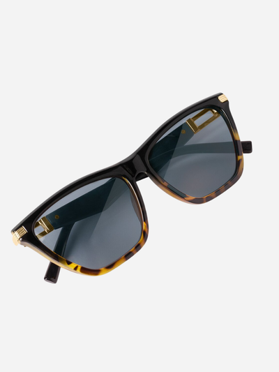 Sunglasses with black and tortoiseshell frame on a white background