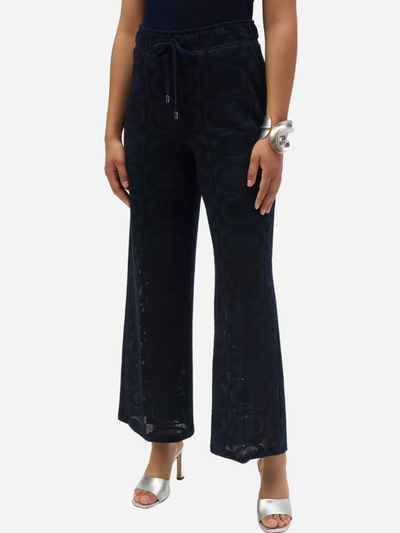 woman dark blue wide leg mesh pants