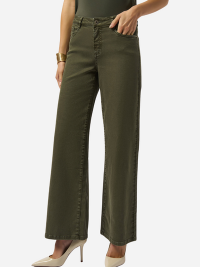 Person wearing olive green wide-leg pants on a white background