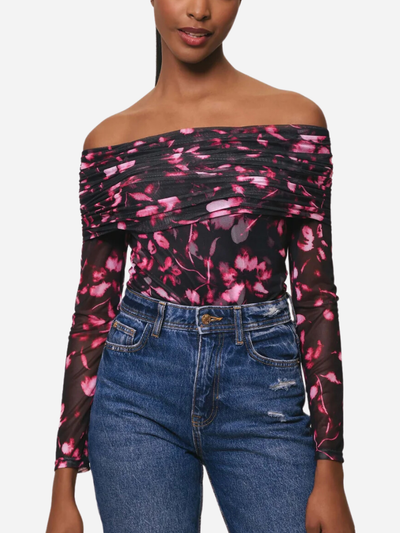 black off the shoulder top with pink flowers