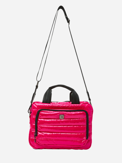 Pink toiletry travel bag with black accents on a white background