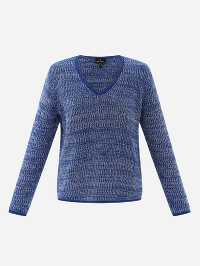 blue marbled knit v-neck sweater